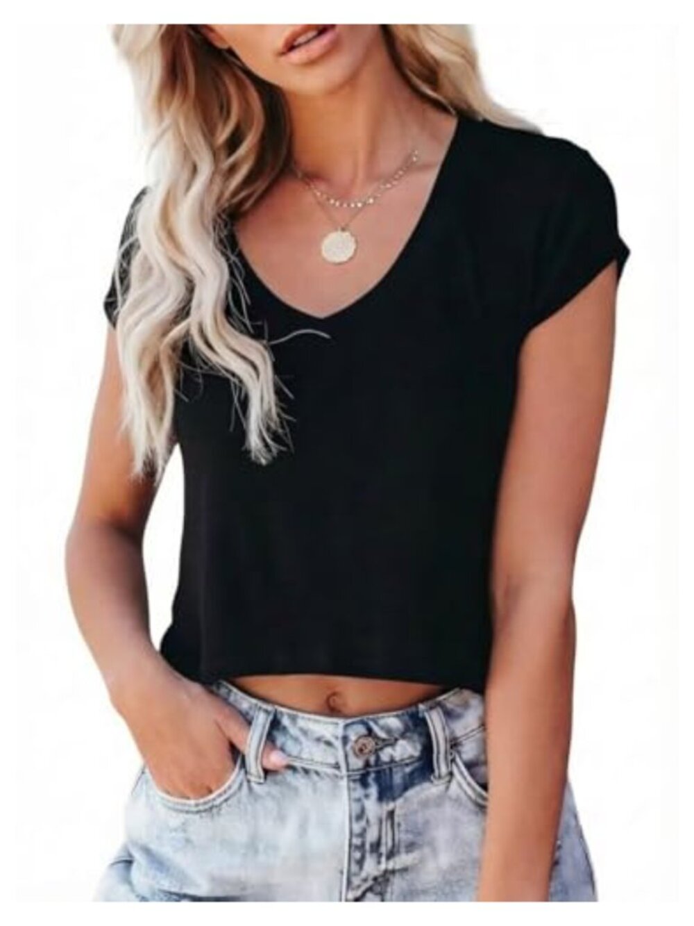Women's V Neck Crop Top Cap Sleeve Loose Fit Summer Tank Top